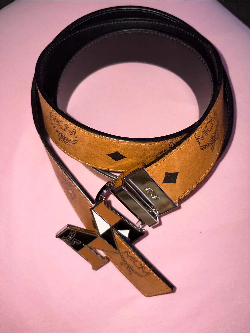 Men's Brown Leather Belt with Decorative Metal 'M' Buckle